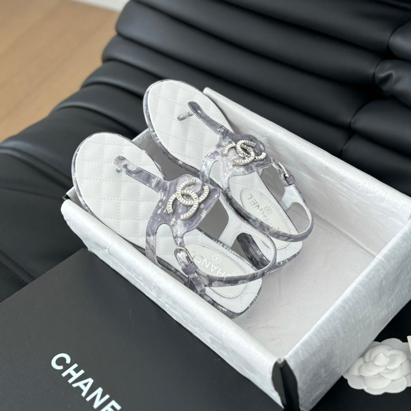 Double C Classic One-Strap Sandals White Gray Smoke Lambskin - 35