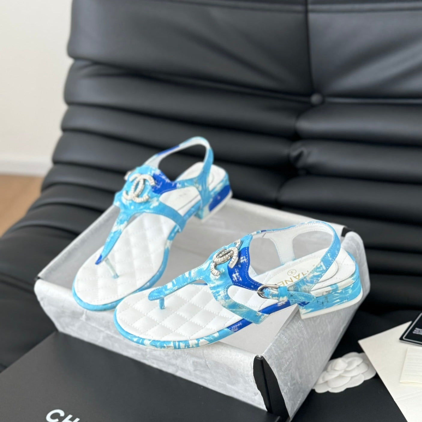 Double C Classic One-Strap Sandals White Sky Blue Lambskin - 35