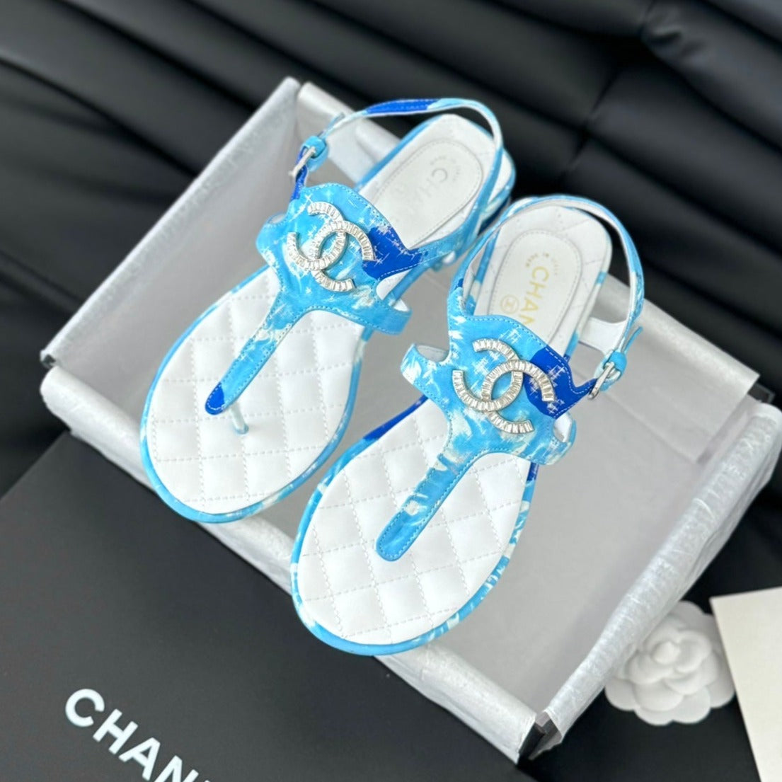 Double C Classic One-Strap Sandals White Sky Blue Lambskin - 35