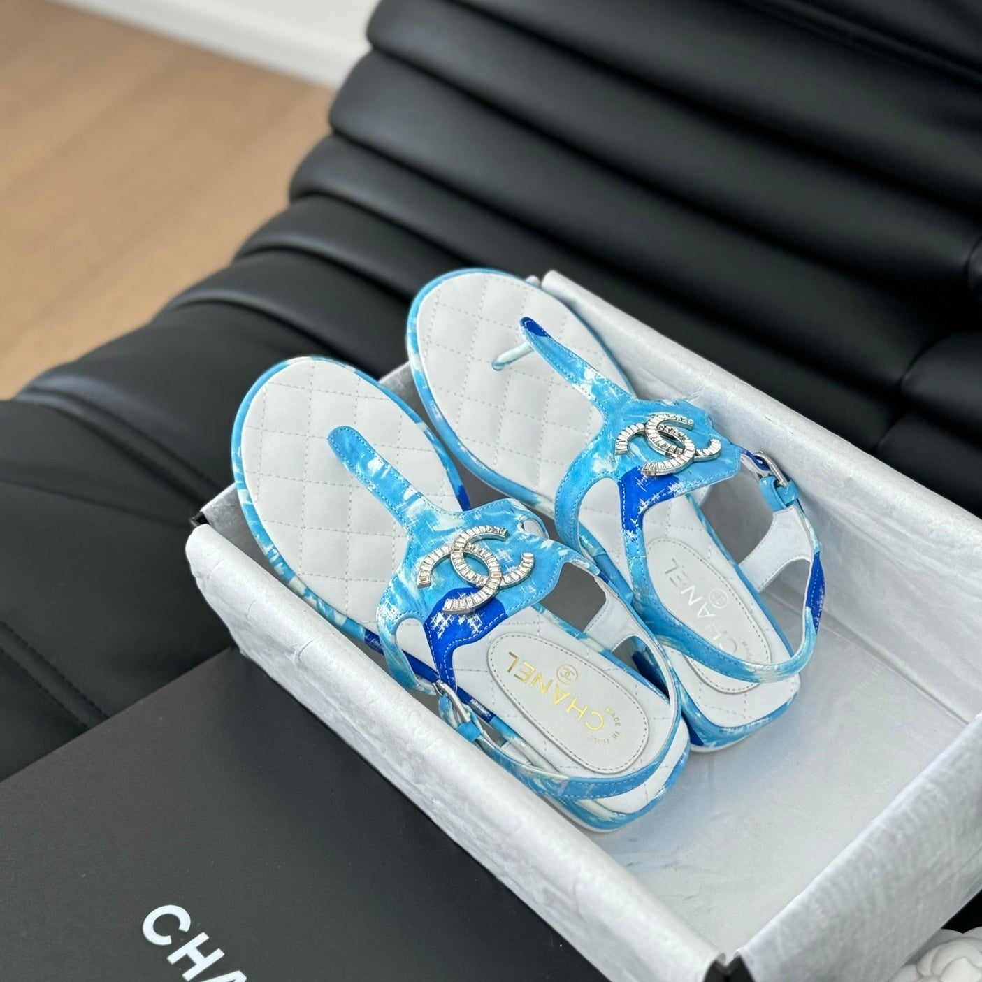 Double C Classic One-Strap Sandals White Sky Blue Lambskin - 35
