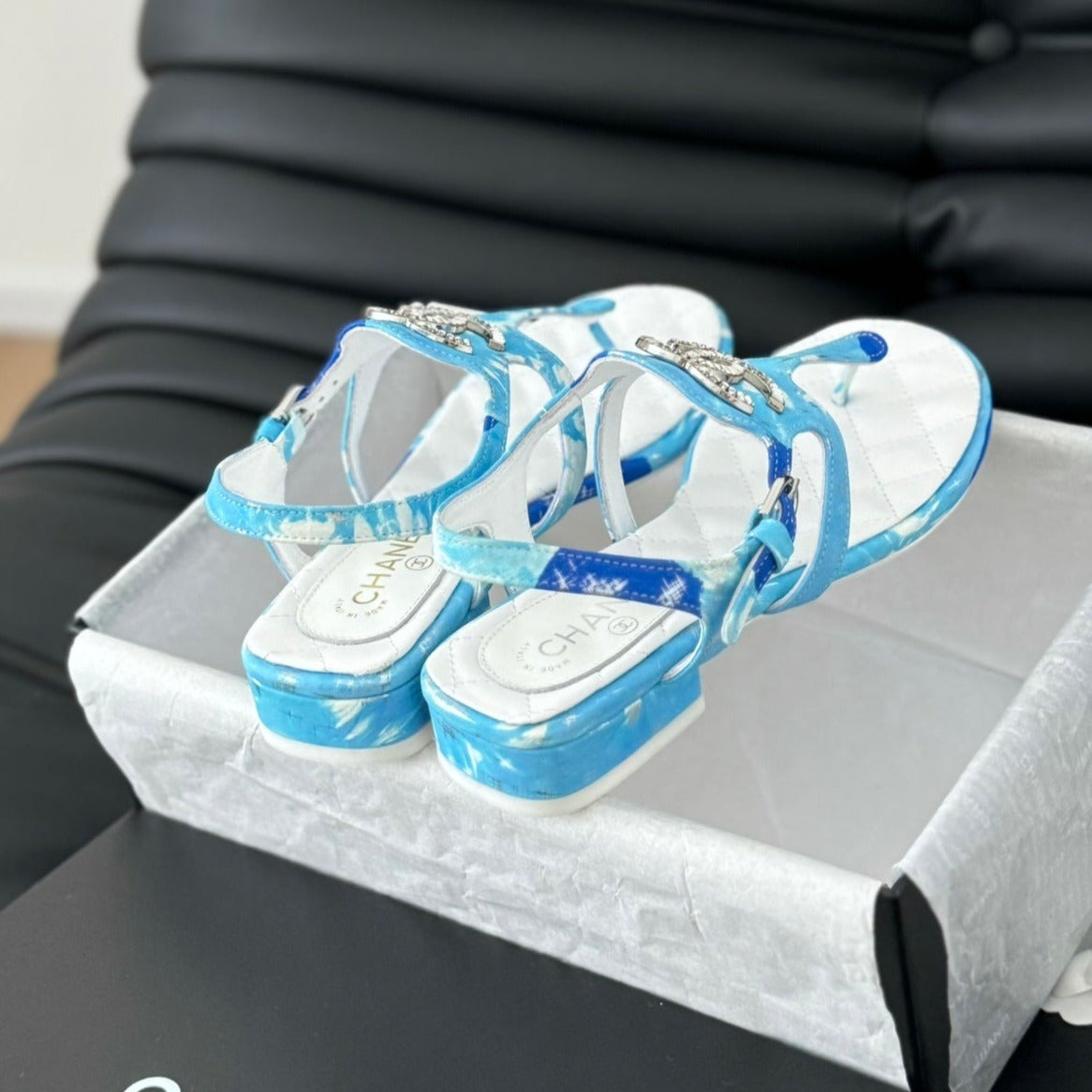 Double C Classic One-Strap Sandals White Sky Blue Lambskin - 35