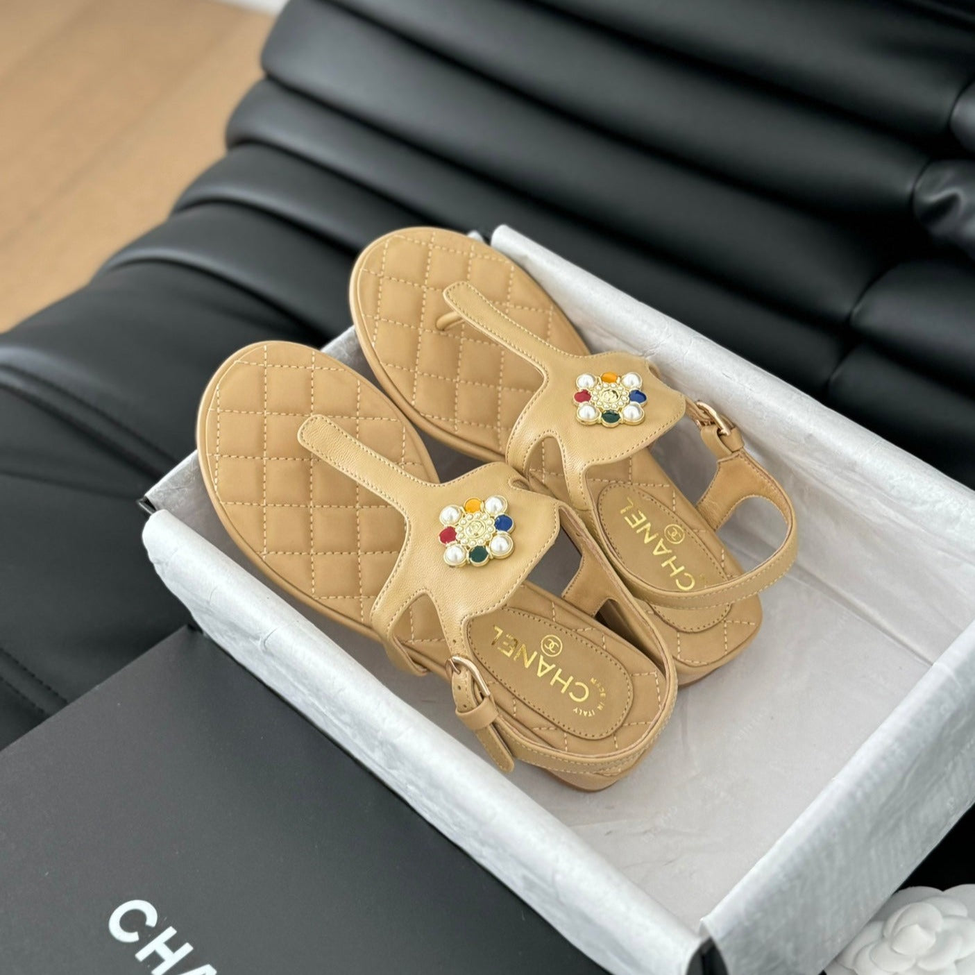 Double C Classic One-Strap Sandals Tan Brown Lambskin - 35