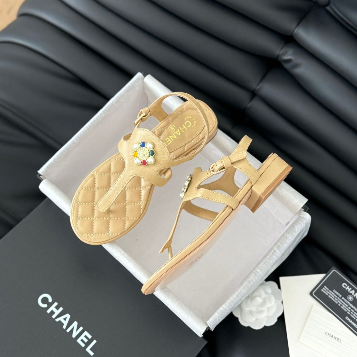 Double C Classic One-Strap Sandals Tan Brown Lambskin - 35