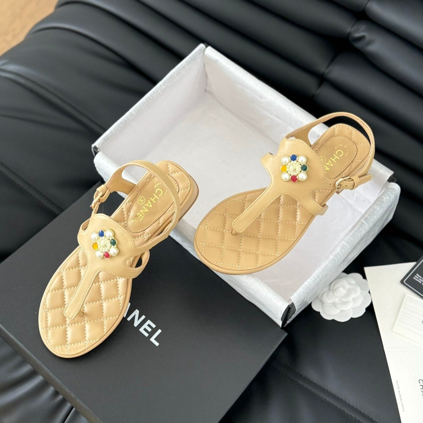 Double C Classic One-Strap Sandals Tan Brown Lambskin - 35
