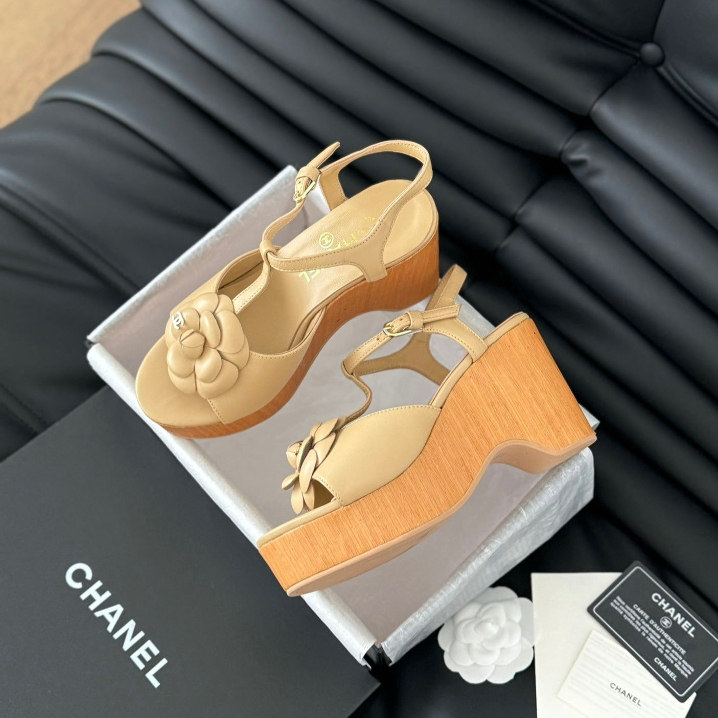 Double C New Wood Grain Platform Sandal  Tan Brown Lambskin - 35