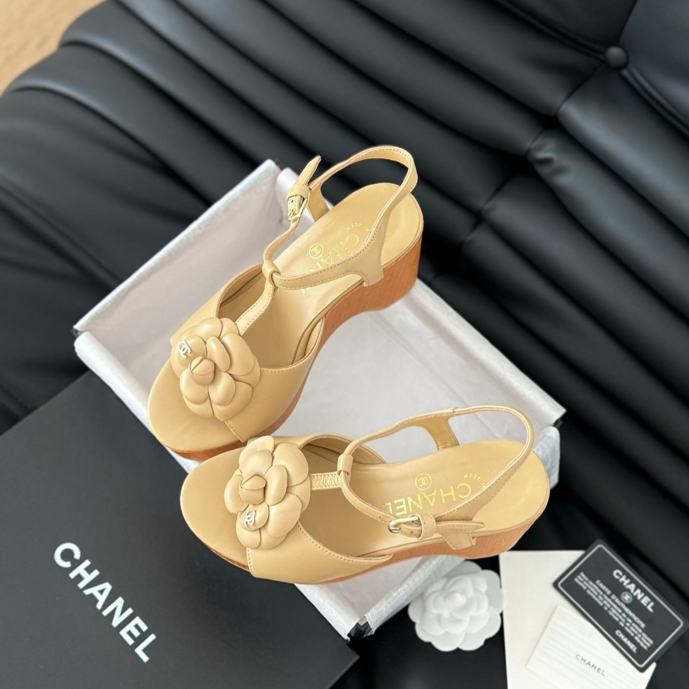 Double C New Wood Grain Platform Sandal  Tan Brown Lambskin - 35