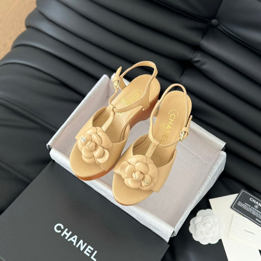 Double C New Wood Grain Platform Sandal  Tan Brown Lambskin - 35