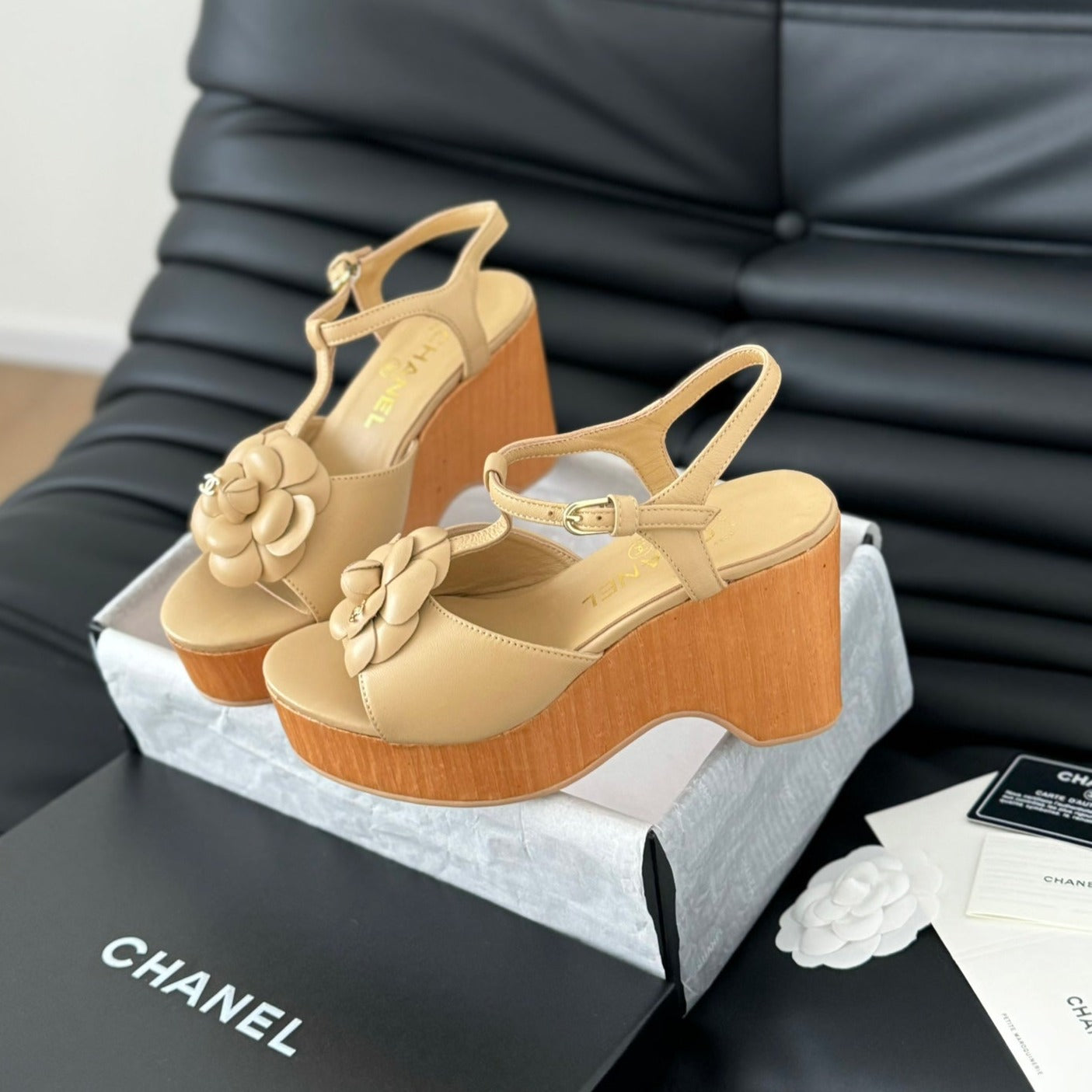 Double C New Wood Grain Platform Sandal  Tan Brown Lambskin - 35
