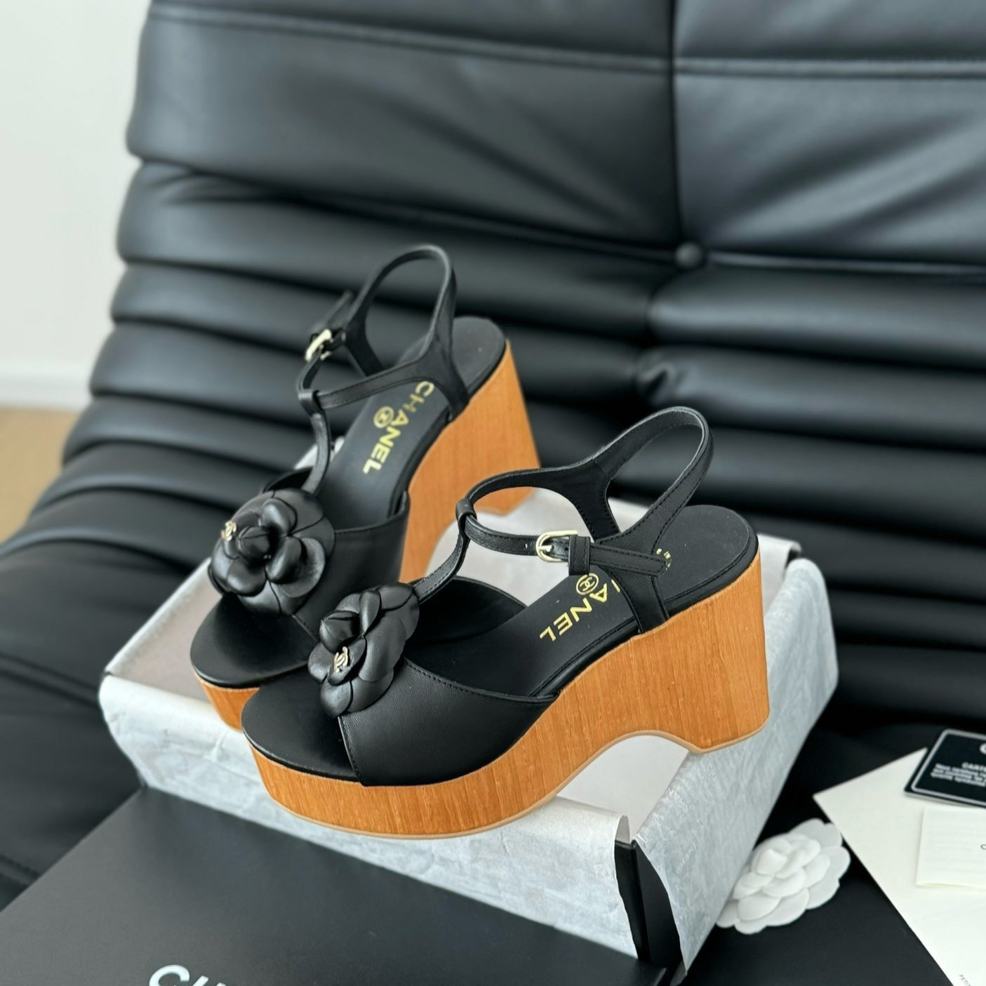 Double C New Wood Grain Platform Sandal  Black Lambskin - 35