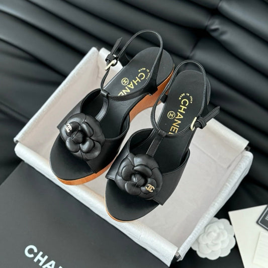 Double C New Wood Grain Platform Sandal  Black Lambskin - 35