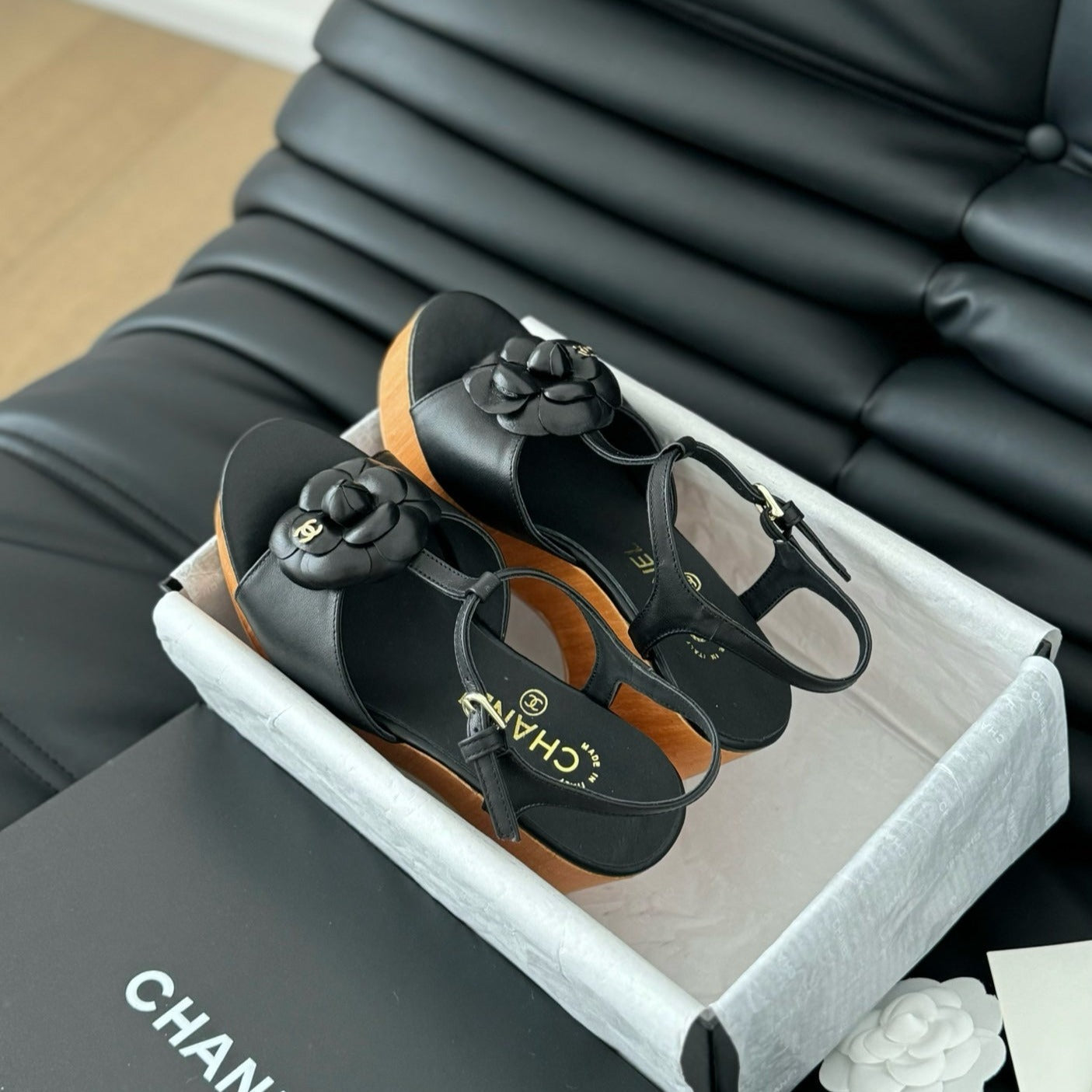 Double C New Wood Grain Platform Sandal  Black Lambskin - 35