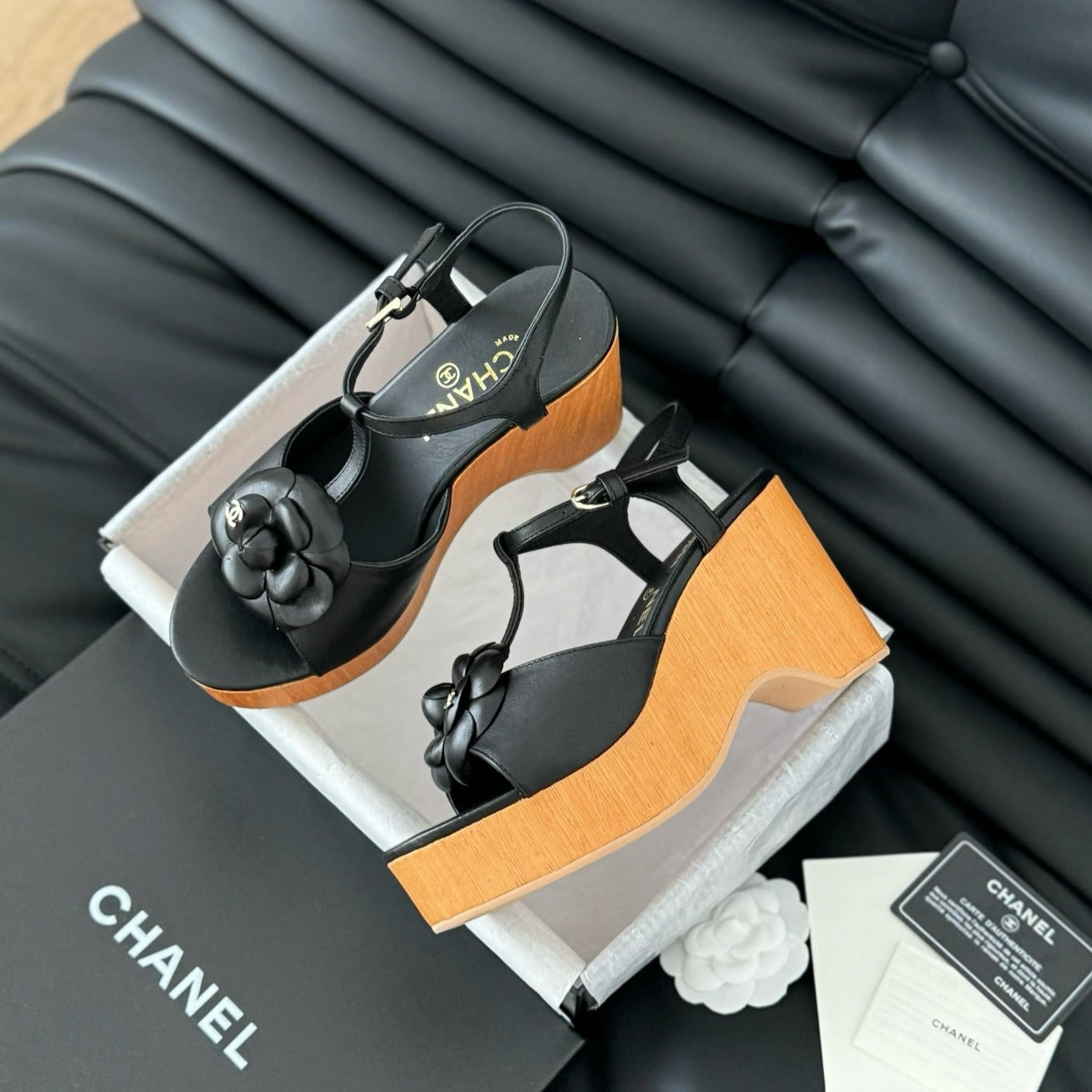 Double C New Wood Grain Platform Sandal  Black Lambskin - 35