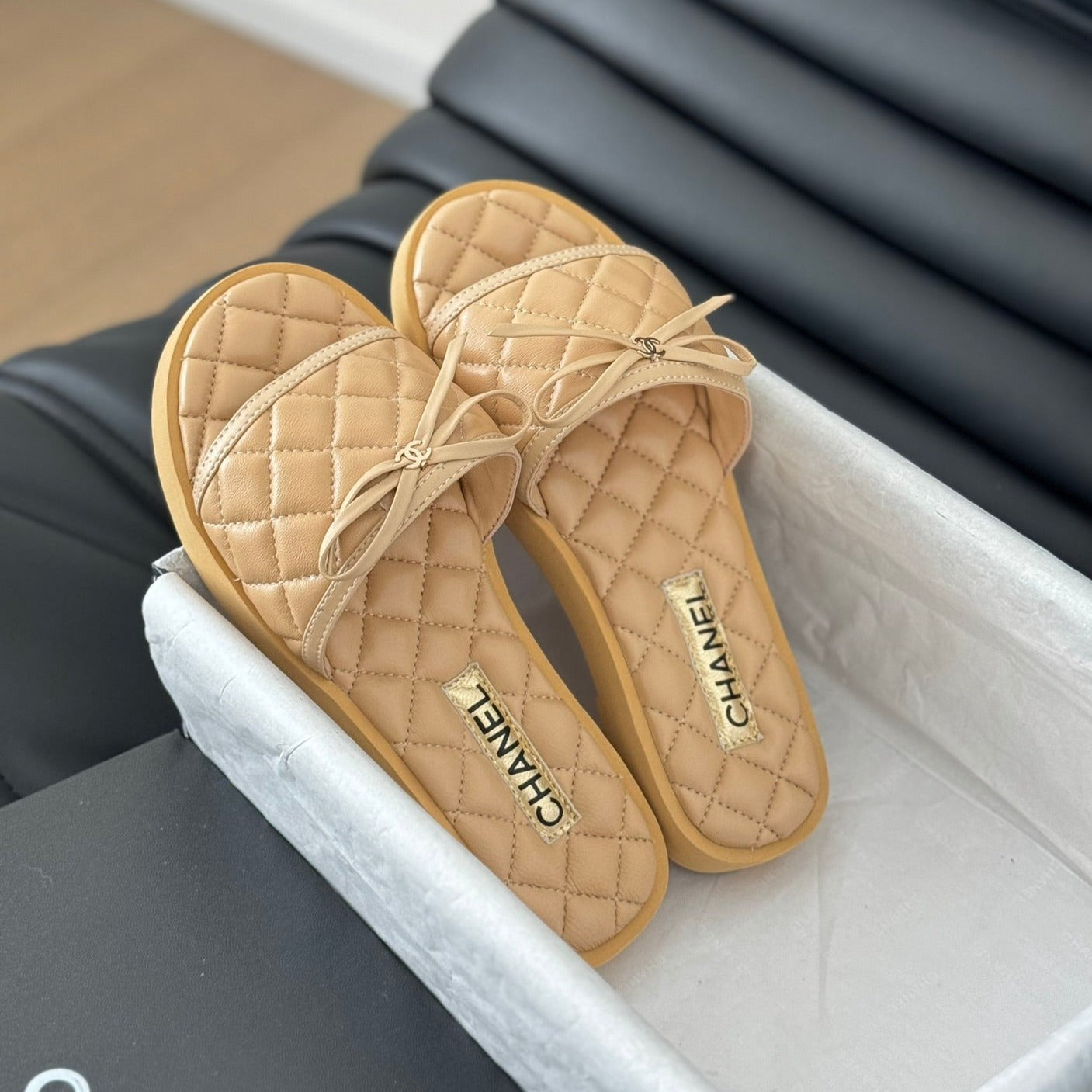 Double C  New Butterfly Button Slippers Yellow Cream Lambskin - 35