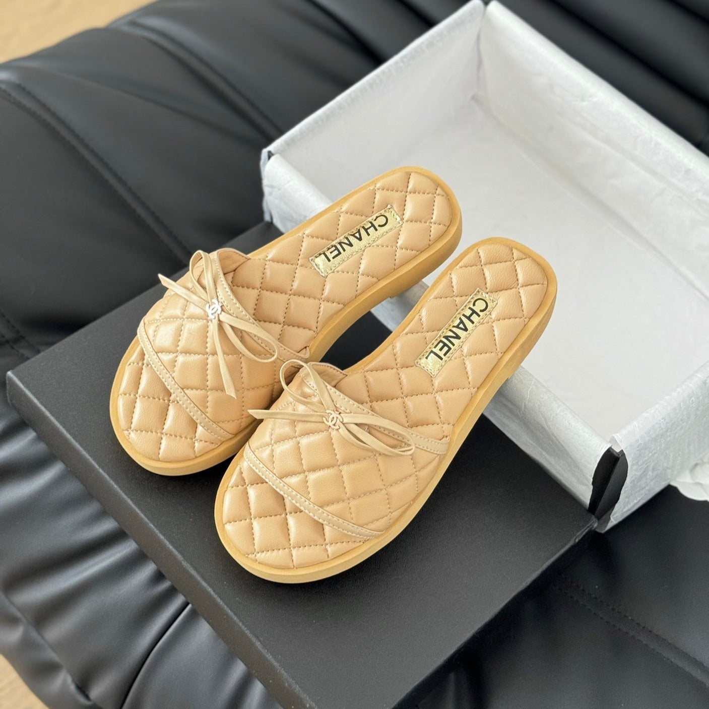Double C  New Butterfly Button Slippers Yellow Cream Lambskin - 35