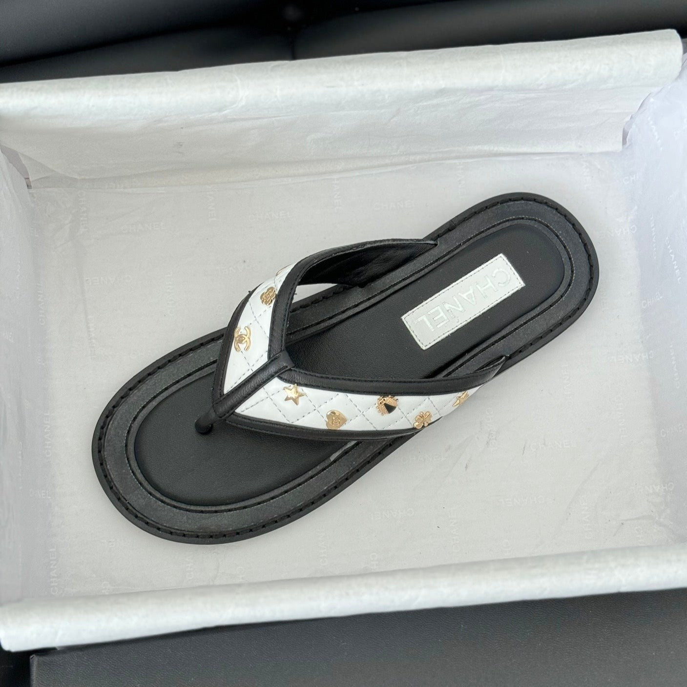 Double C Thong Sandals Lambskin Black White - 35