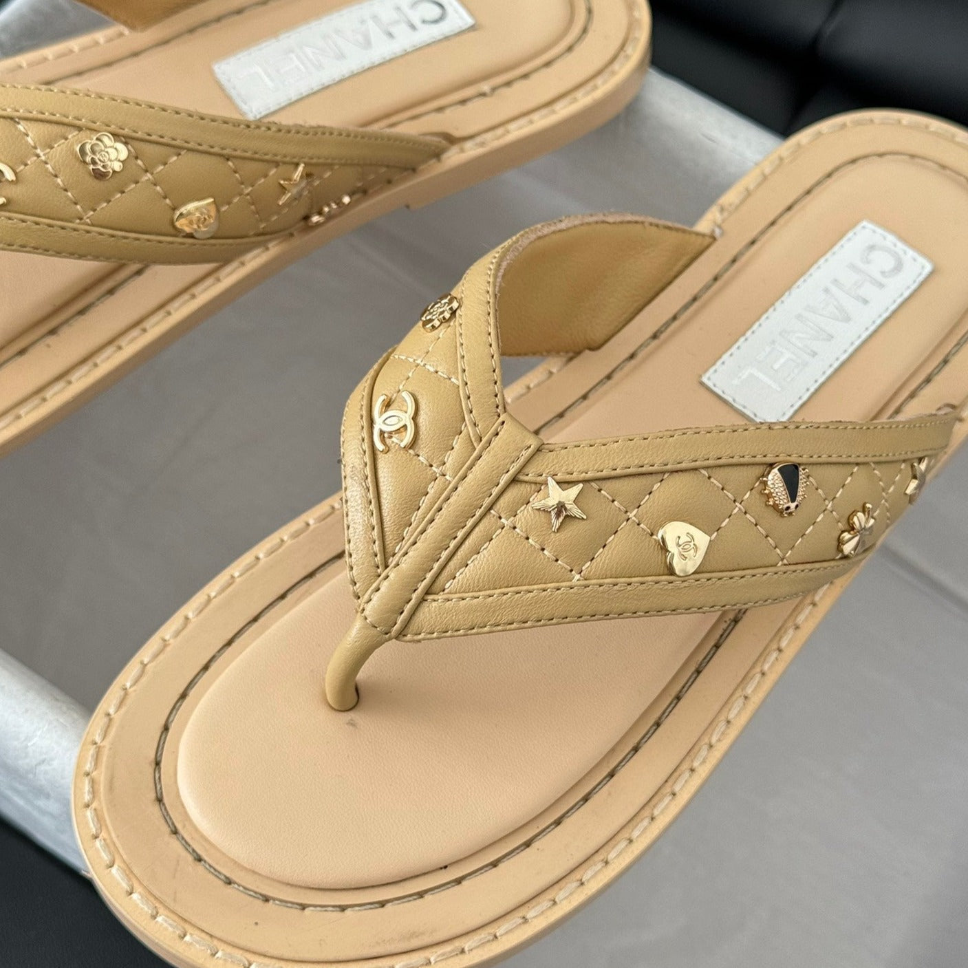 Double C Thong Sandals Lambskin Tan Brown - 35