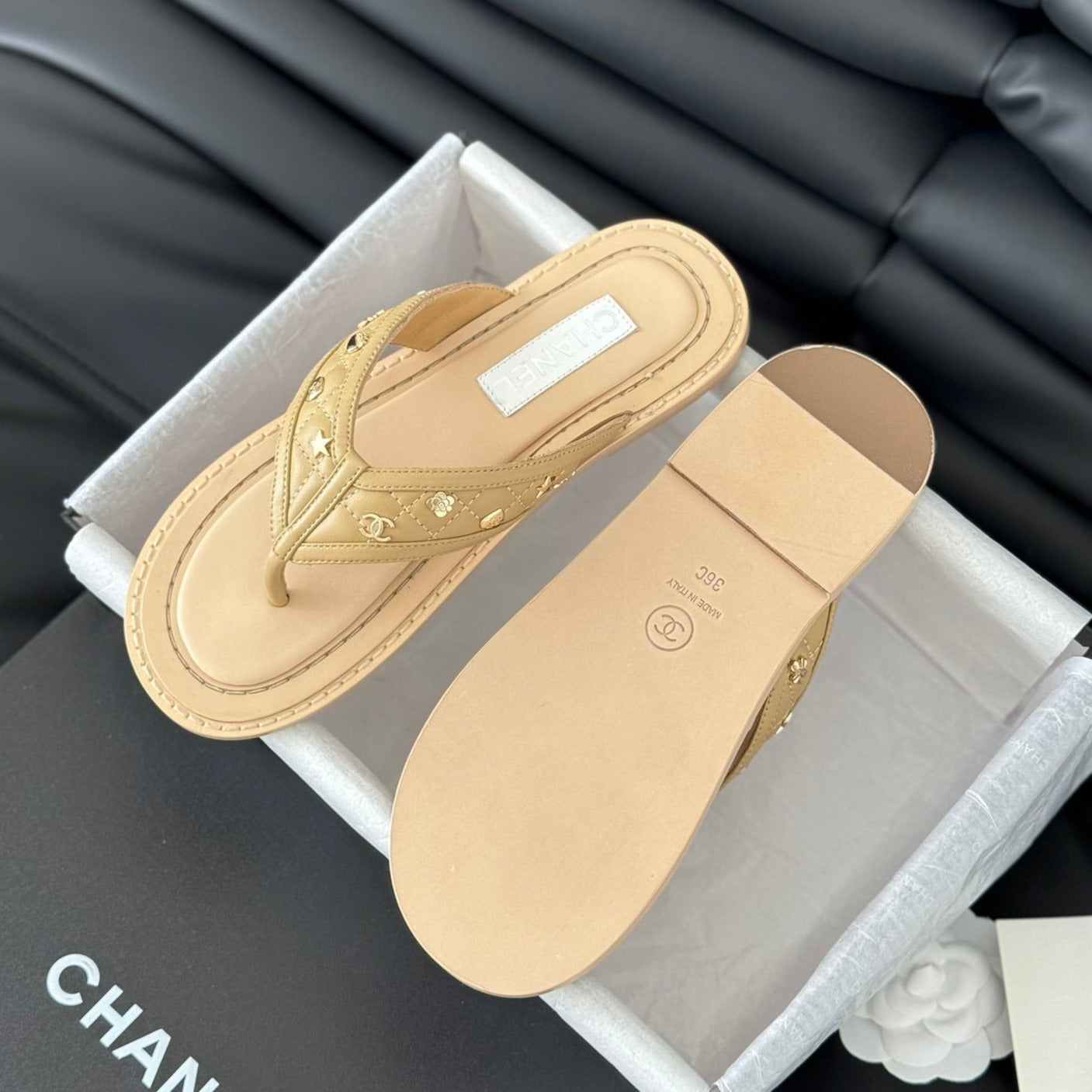 Double C Thong Sandals Lambskin Tan Brown - 35