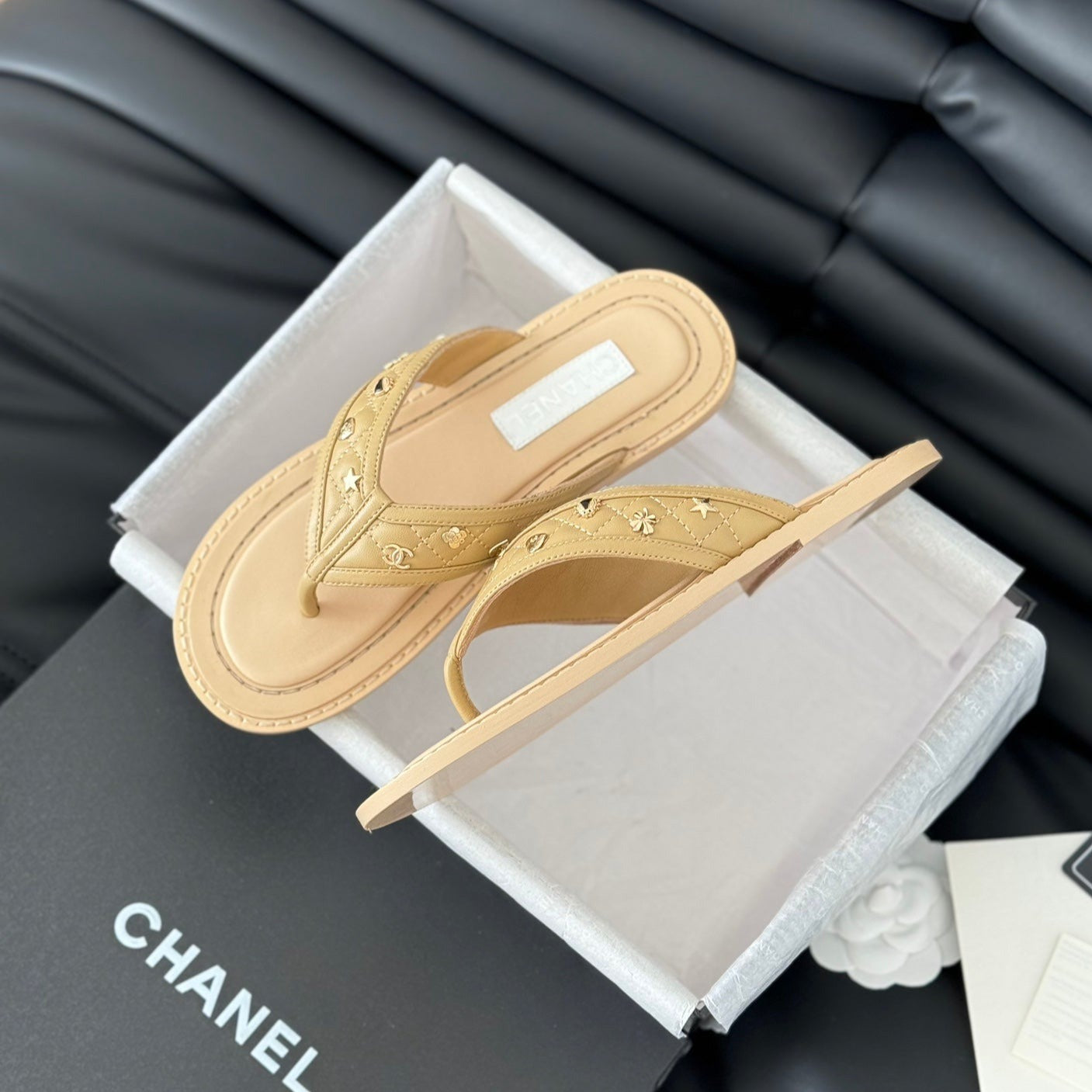 Double C Thong Sandals Lambskin Tan Brown - 35