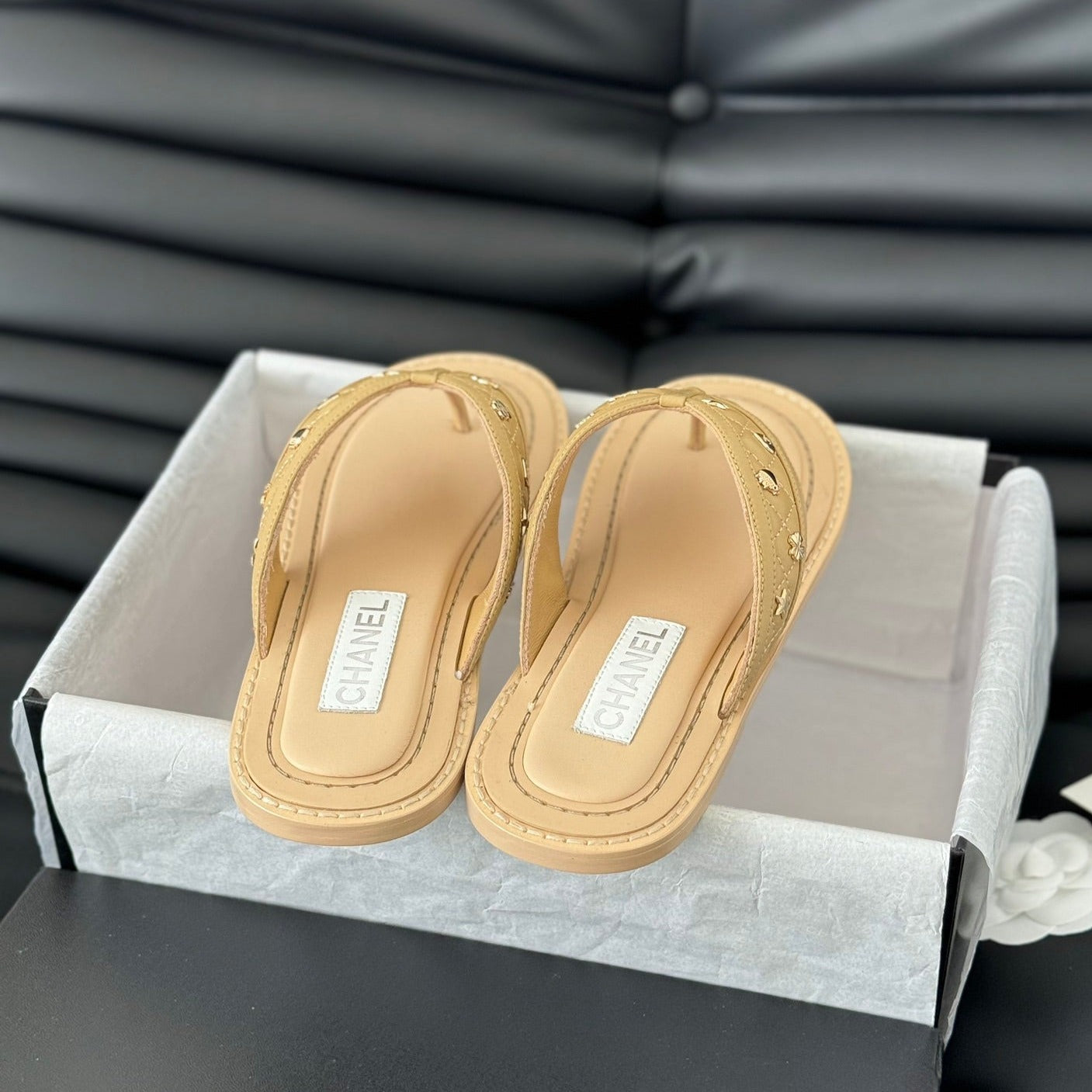 Double C Thong Sandals Lambskin Tan Brown - 35