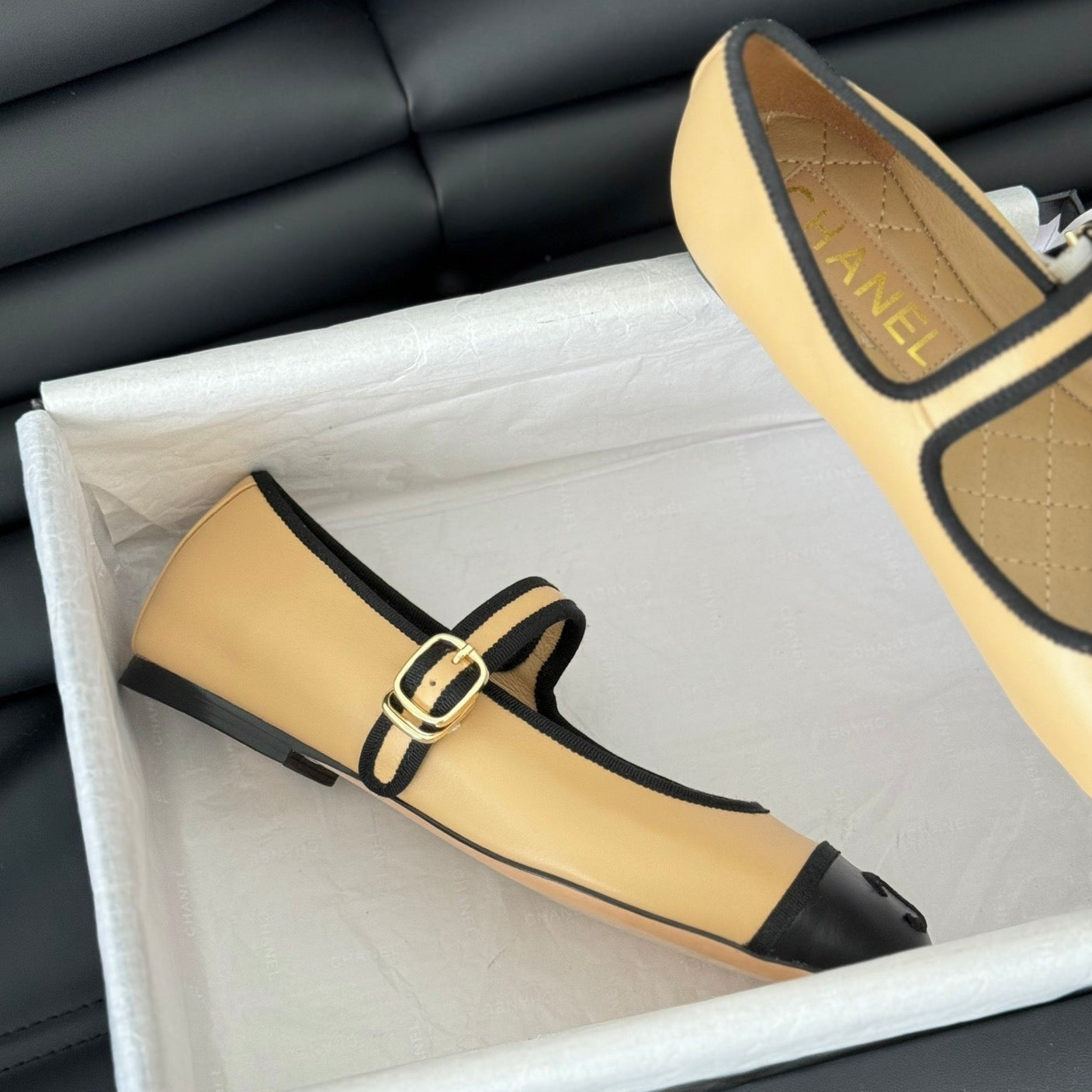 Double C Marry Jane Shoes Yellow Cream Lambskin - 35