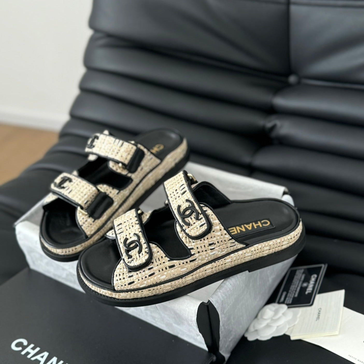 Mule Sandals Sheepskin Beige Black - 35