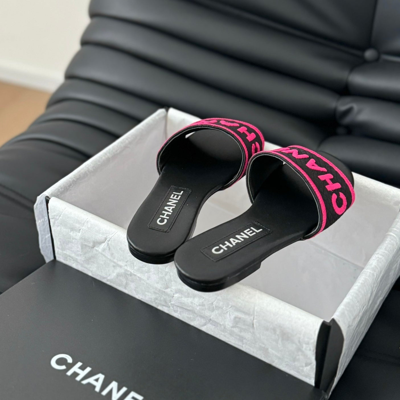 Woven Embroidered Letter Slippers Black Pink - 35