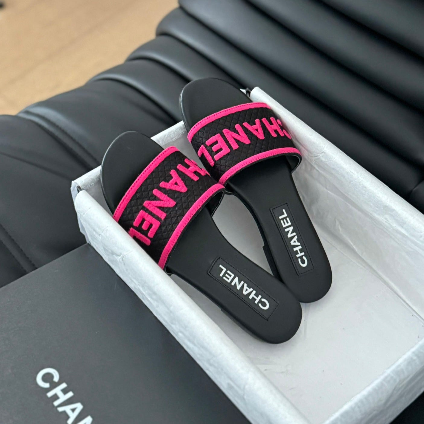 Woven Embroidered Letter Slippers Black Pink - 35