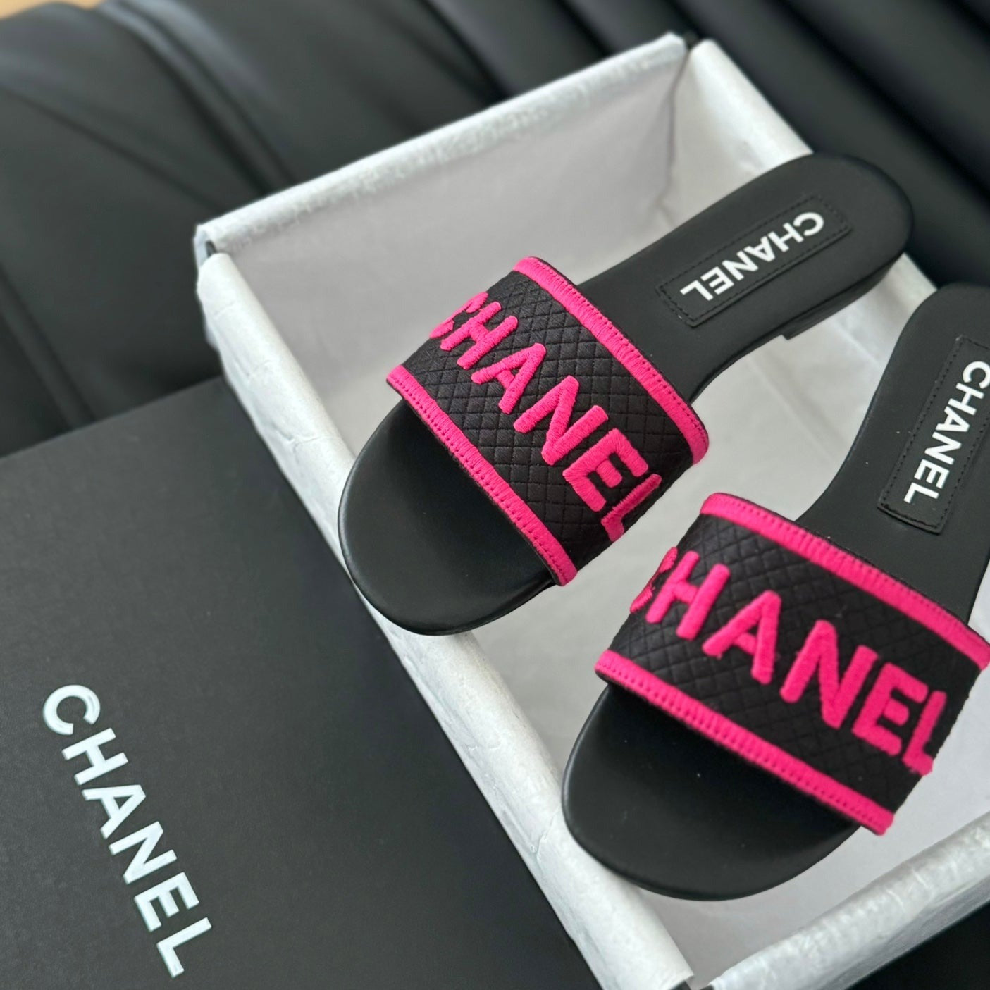 Woven Embroidered Letter Slippers Black Pink - 35