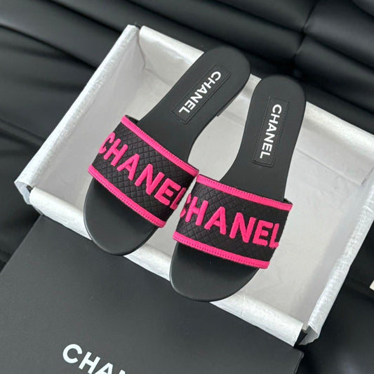 Woven Embroidered Letter Slippers Black Pink - 35