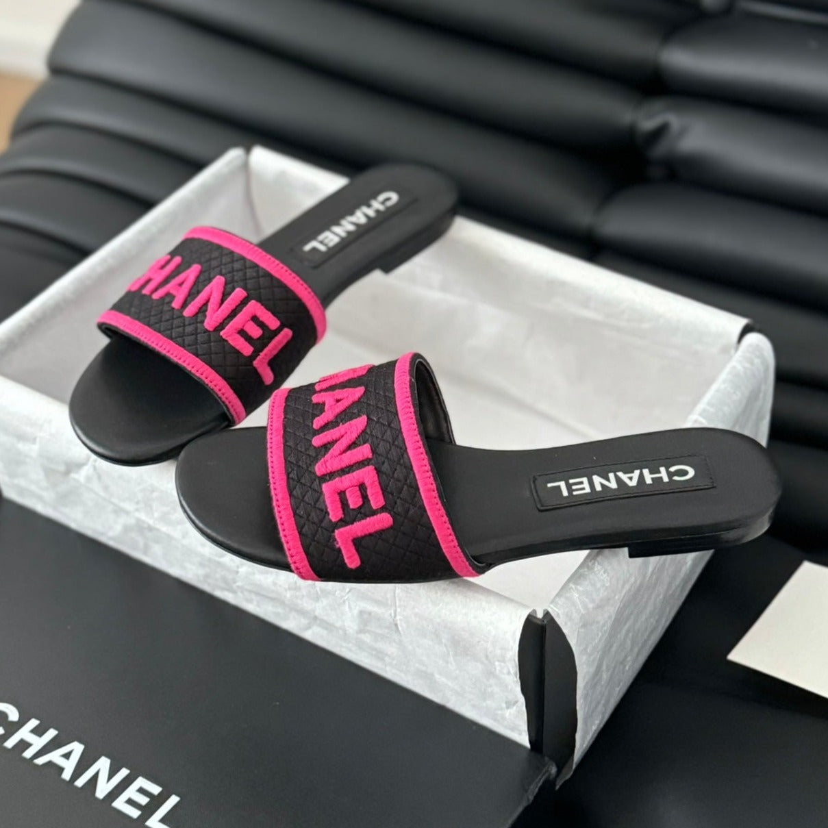 Woven Embroidered Letter Slippers Black Pink - 35