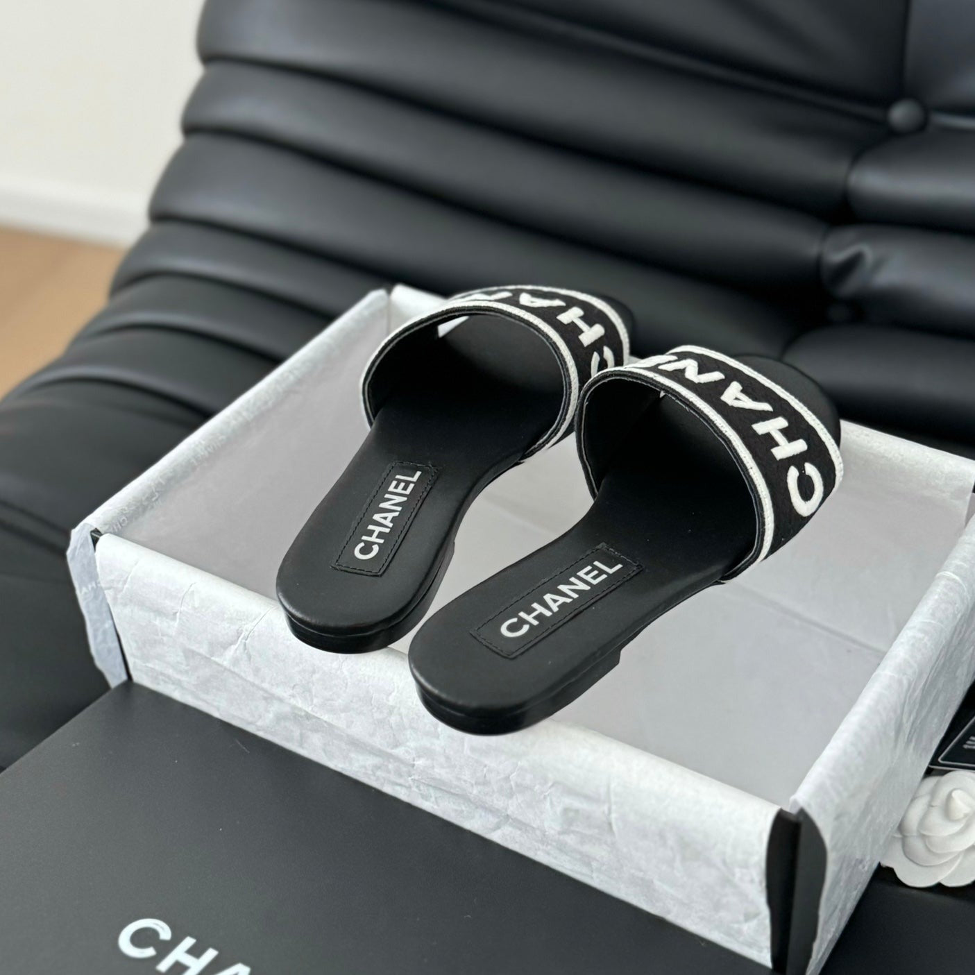 Woven Embroidered Letter Slippers Black White - 35