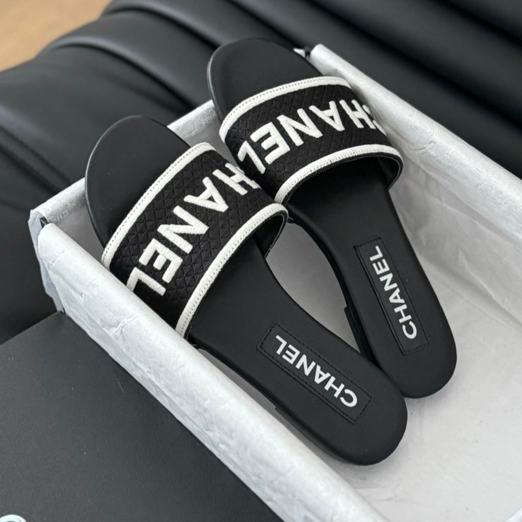 Woven Embroidered Letter Slippers Black White - 35