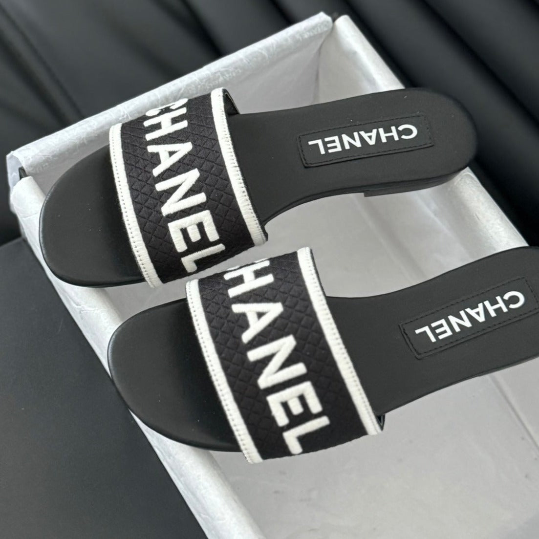 Woven Embroidered Letter Slippers Black White - 35