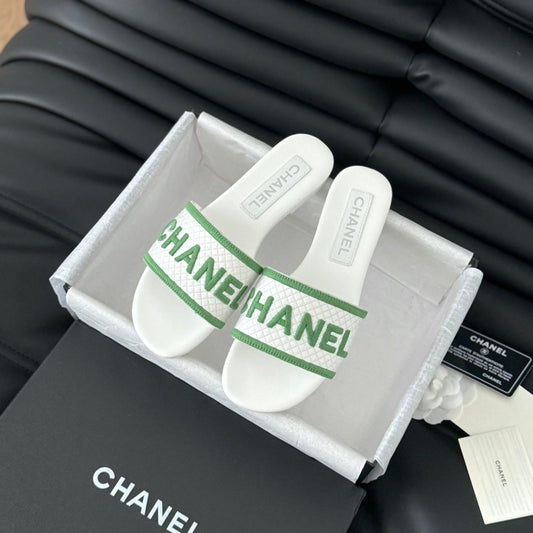 Woven Embroidered Letter Slippers White Green - 35