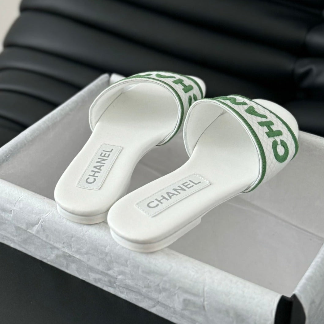 Woven Embroidered Letter Slippers White Green - 35