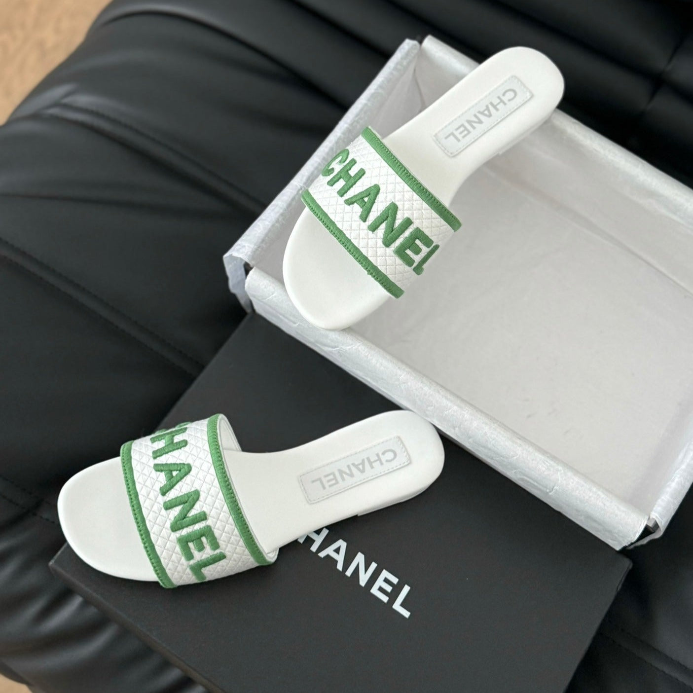 Woven Embroidered Letter Slippers White Green - 35