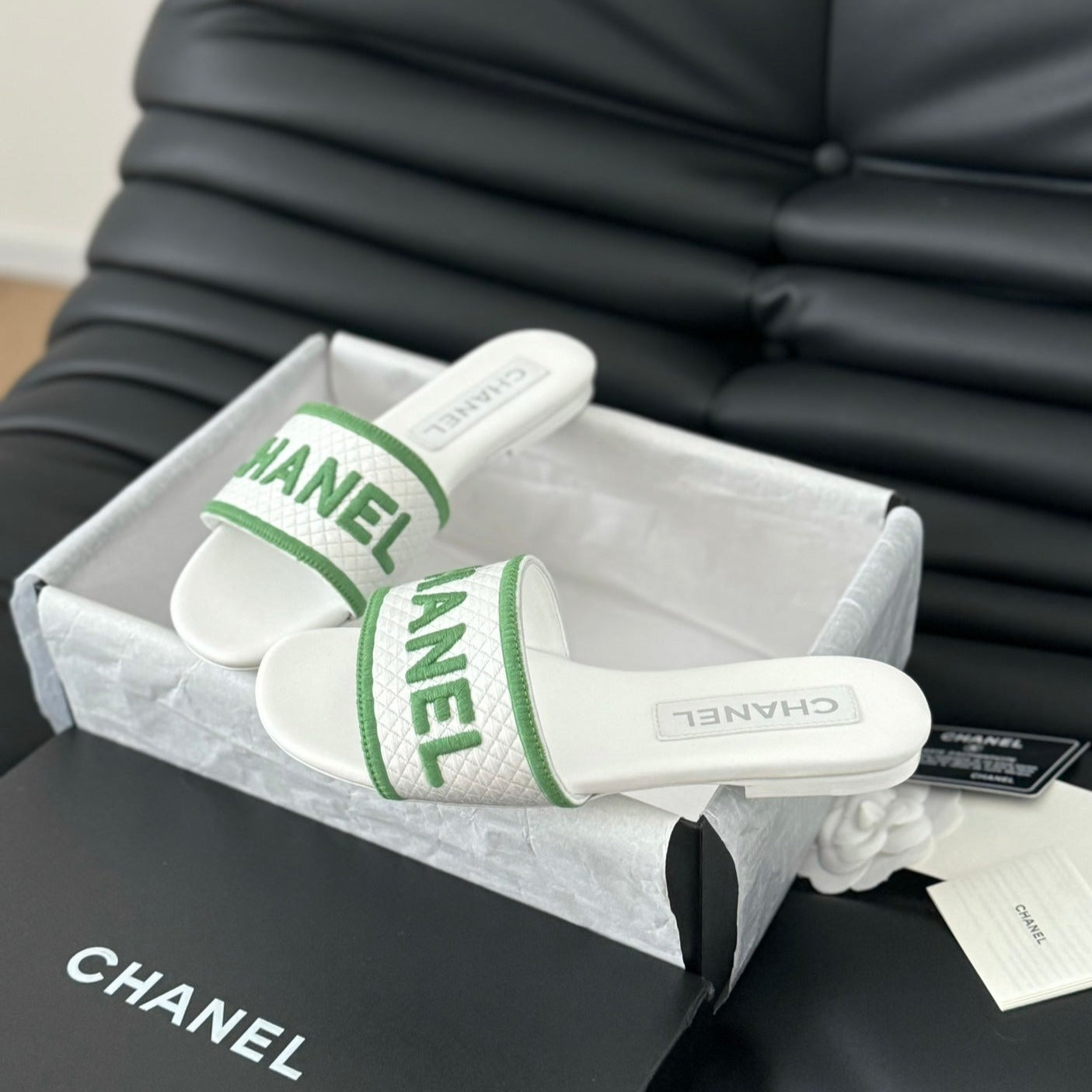 Woven Embroidered Letter Slippers White Green - 35