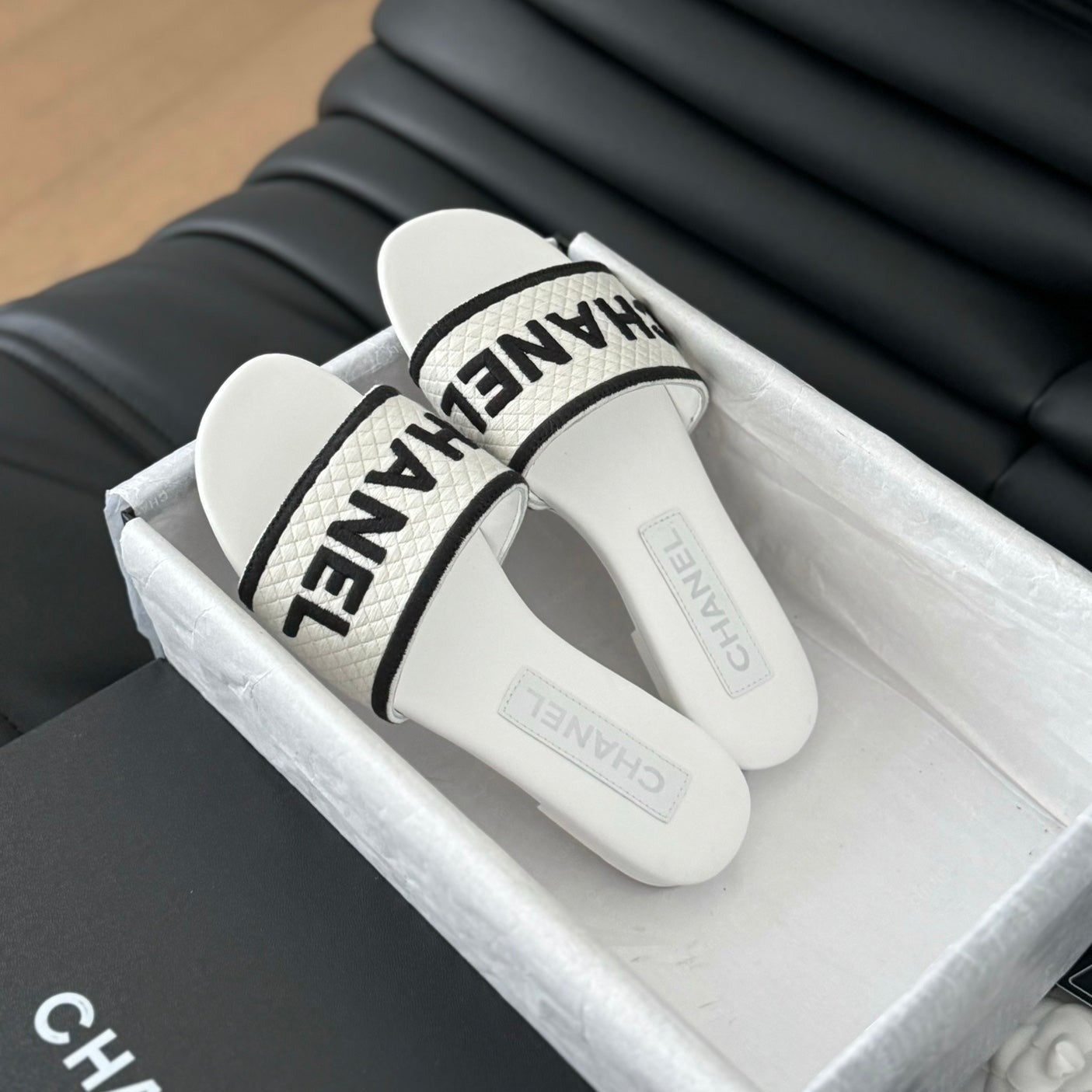 Woven Embroidered Letter Slippers White Black - 35