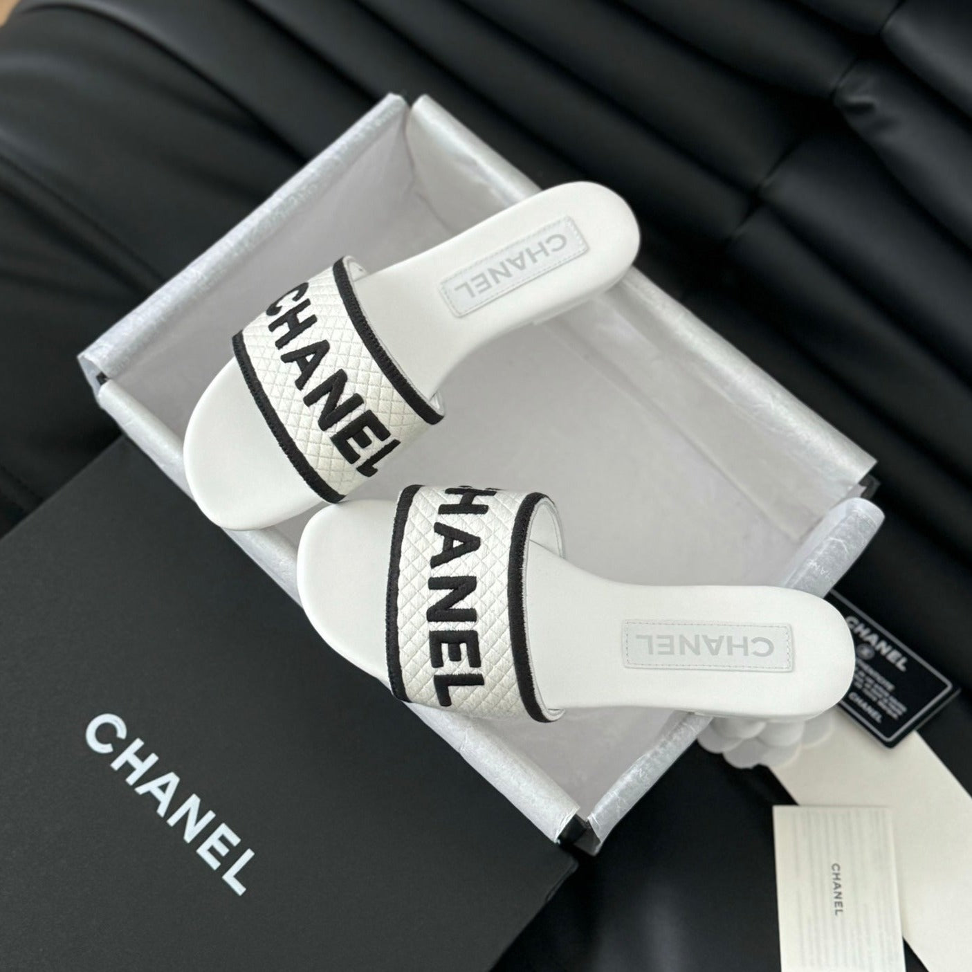 Woven Embroidered Letter Slippers White Black - 35