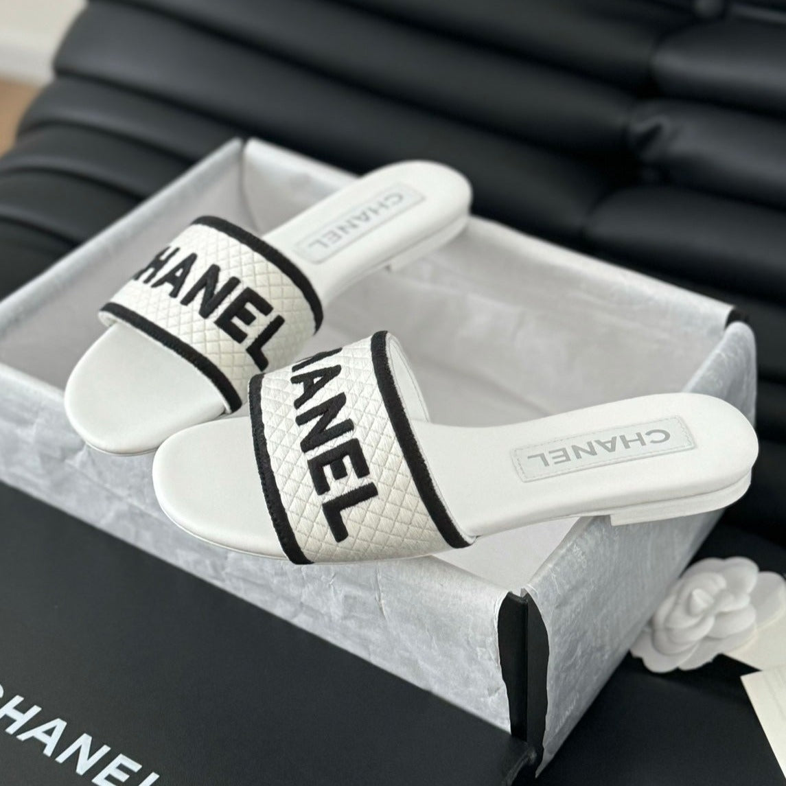 Woven Embroidered Letter Slippers White Black - 35
