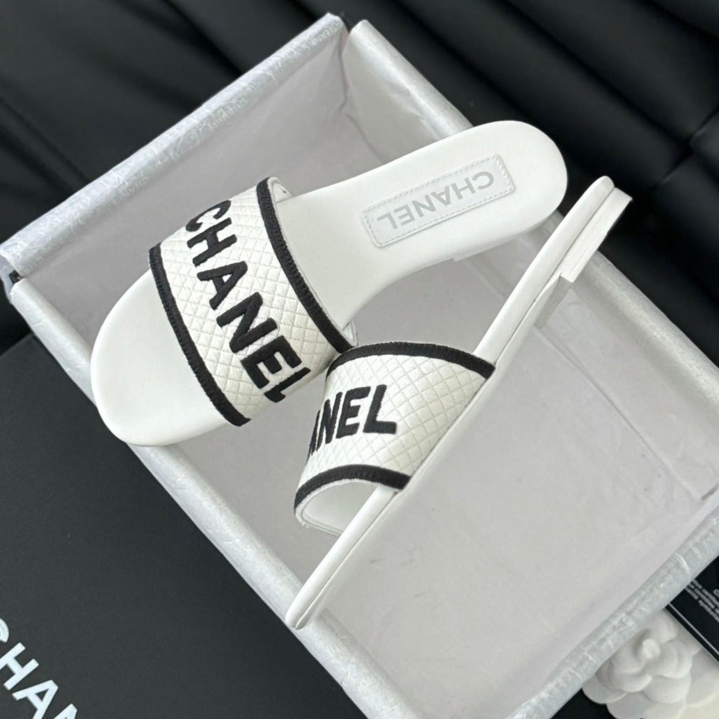Woven Embroidered Letter Slippers White Black - 35