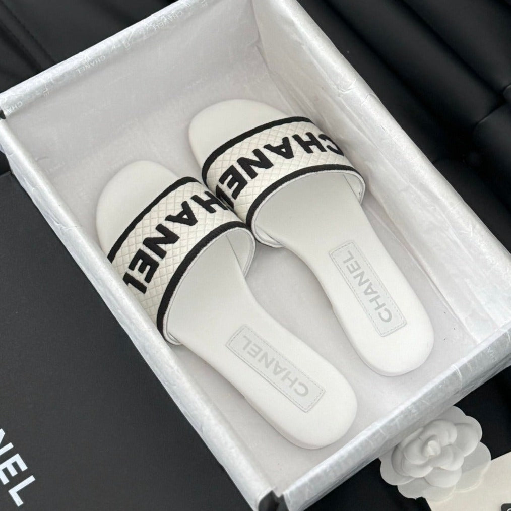 Woven Embroidered Letter Slippers White Black - 35