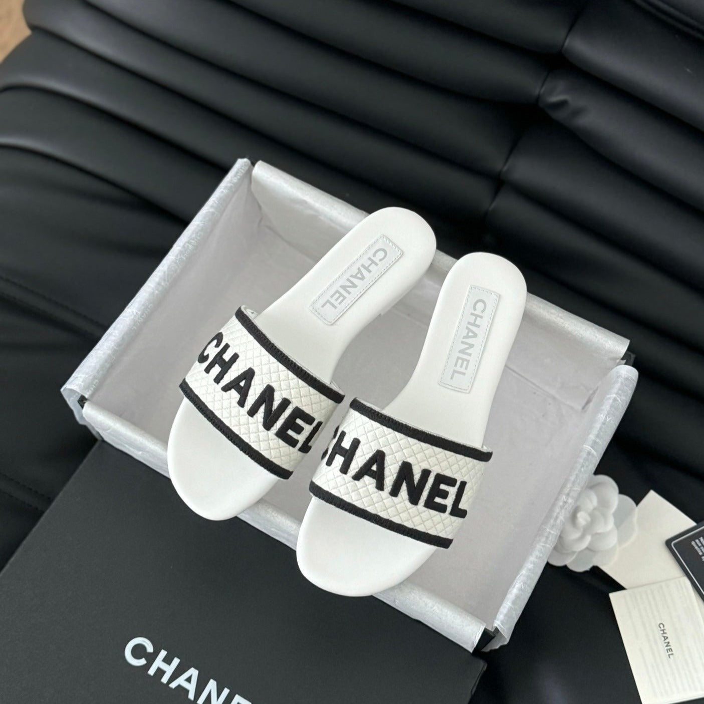 Woven Embroidered Letter Slippers White Black - 35