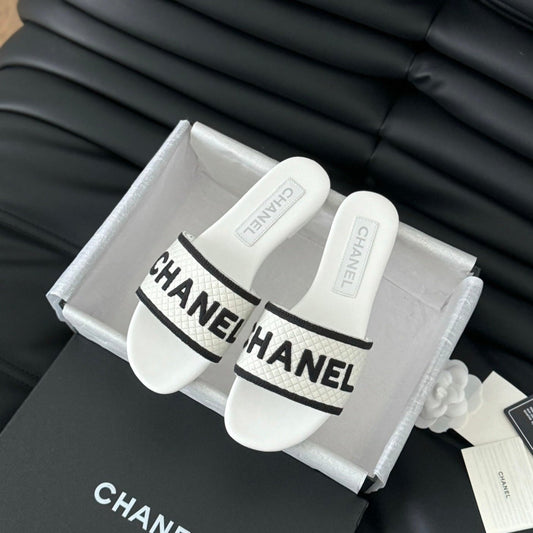 Woven Embroidered Letter Slippers White Black - 35