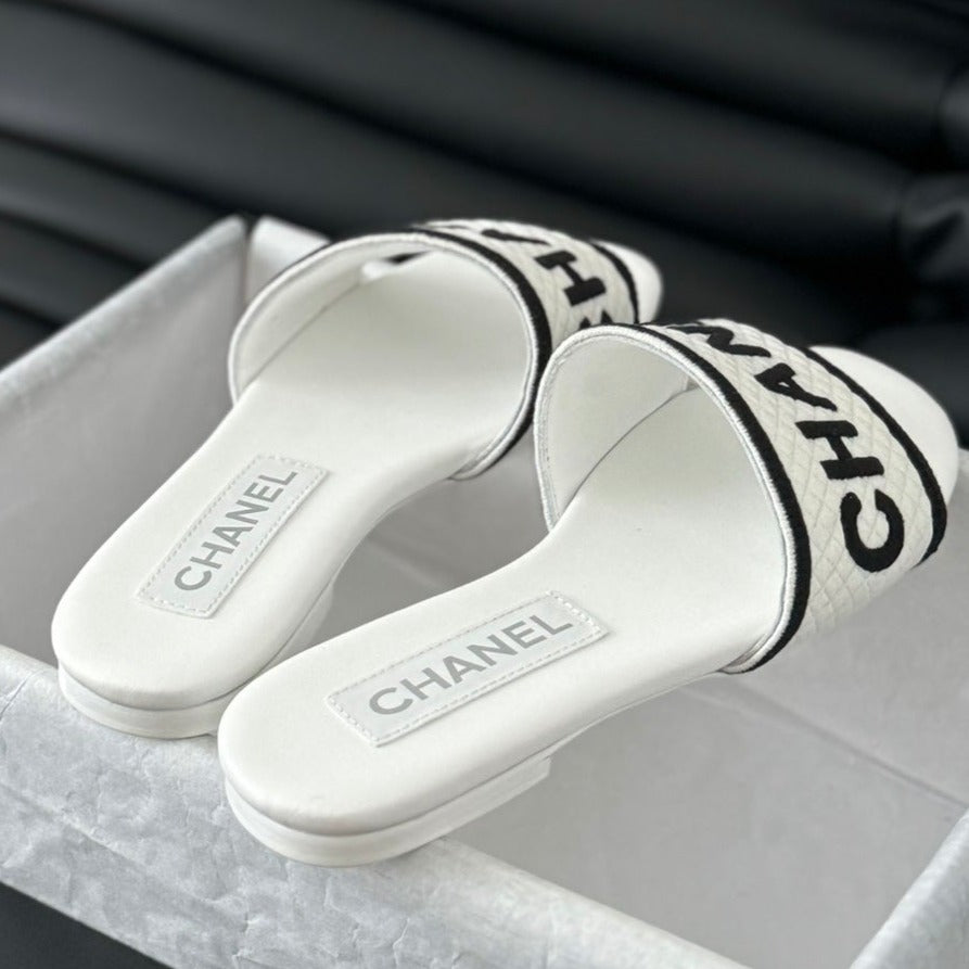 Woven Embroidered Letter Slippers White Black - 35