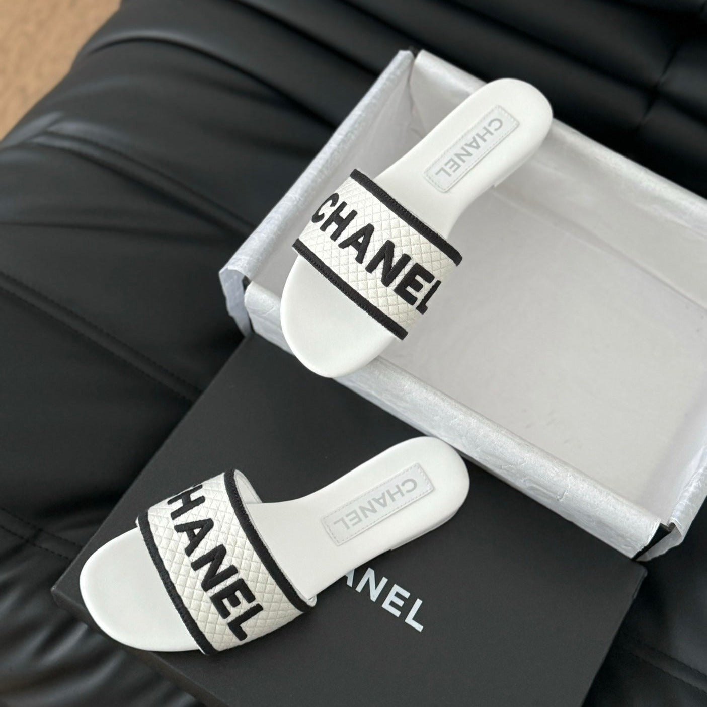 Woven Embroidered Letter Slippers White Black - 35