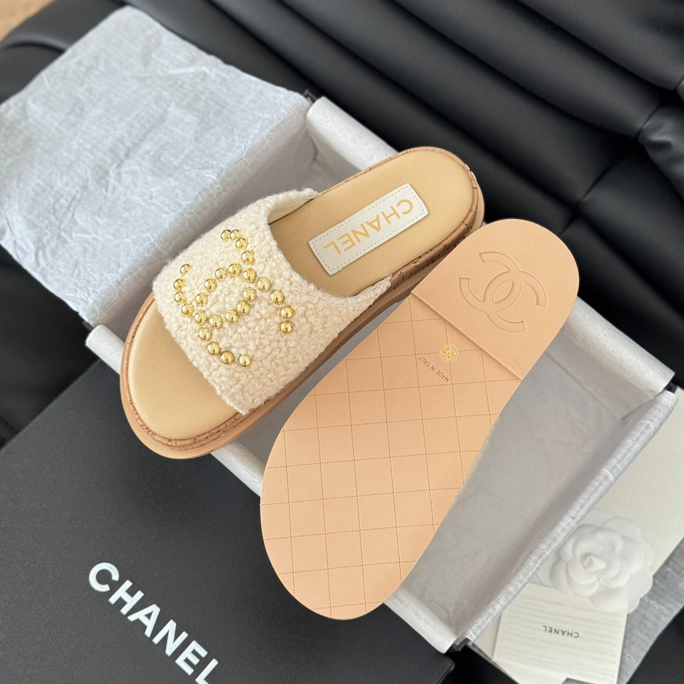 Slippers Platform Lambskin Beige Cream - 35