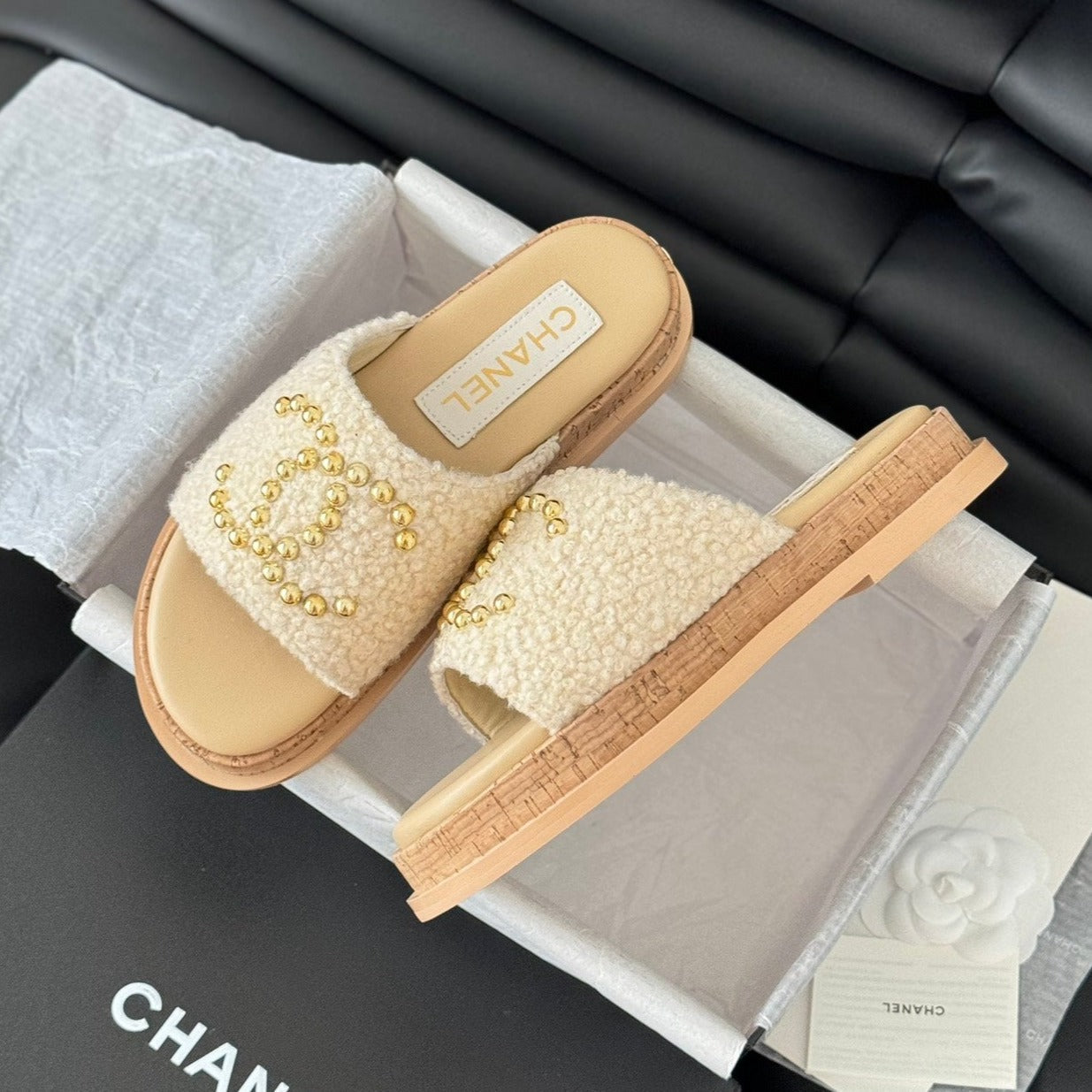 Slippers Platform Lambskin Beige Cream - 35