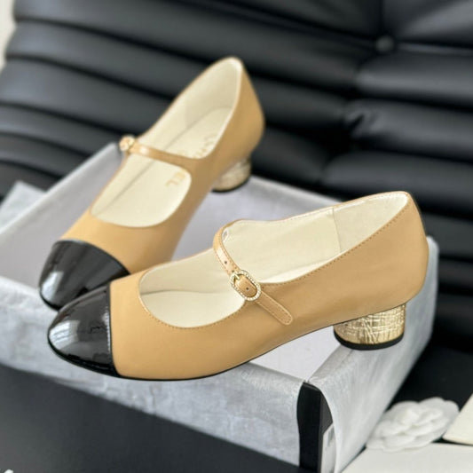 CC MARY JANE SHOES IN SEPIA BEIGE MIX BLACK LAMBSKIN WITH GOLD HARDWARE - 35