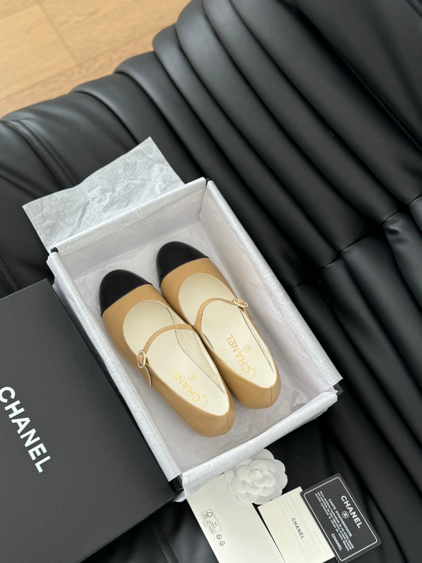 CC MARY JANE SHOES IN SEPIA BEIGE MIX BLACK LAMBSKIN WITH GOLD HARDWARE - 35